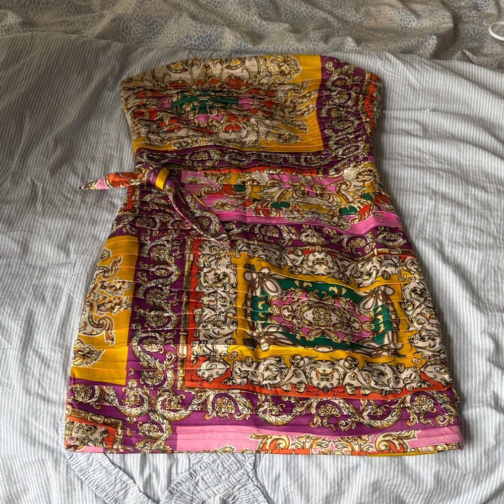 Mango Strapless Dress with Pink, Yellow, and Purple Patterns